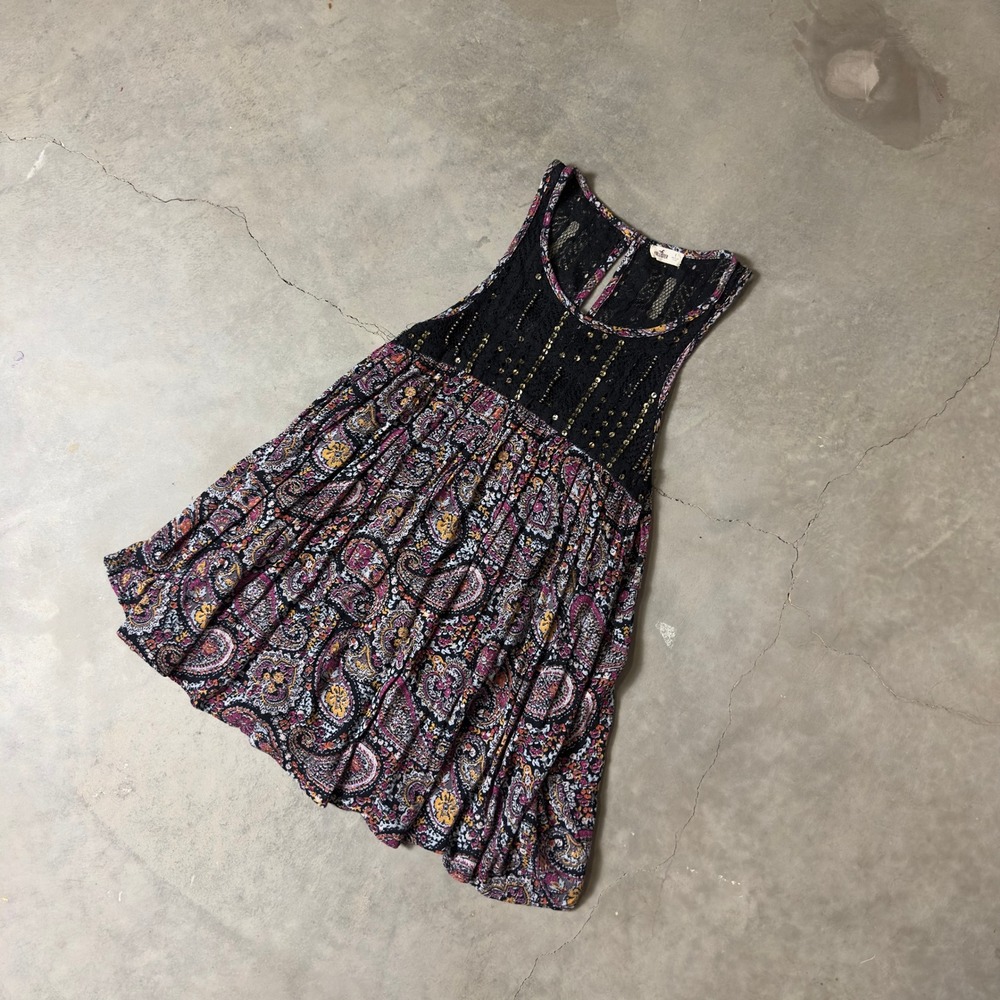 Y2K Hollister Paisley Babydoll Tank Top Womens Small Black Boho Festival Lace - Picture 1 of 5